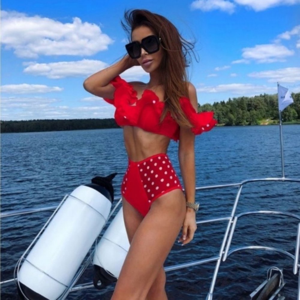 Boutique Red Ruffle High Waist Fashion Swim Suit